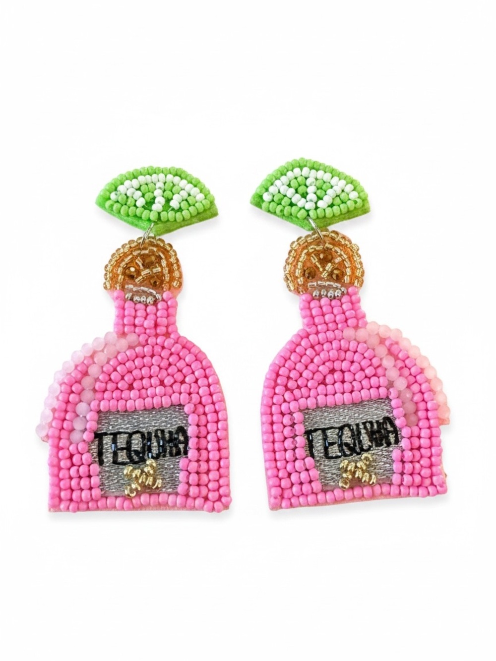 Beaded Pink Tequila Bottle Earrings with Lime Accent
